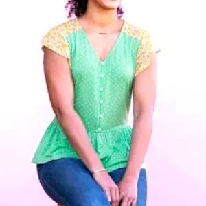Matilda Jane Top Free To Be Polka Dot & Floral Jersey Shirt Green Size Small